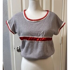 VTG Variety Gray Red Satin Trim Colorblock Retro Short Sleeve Top M
